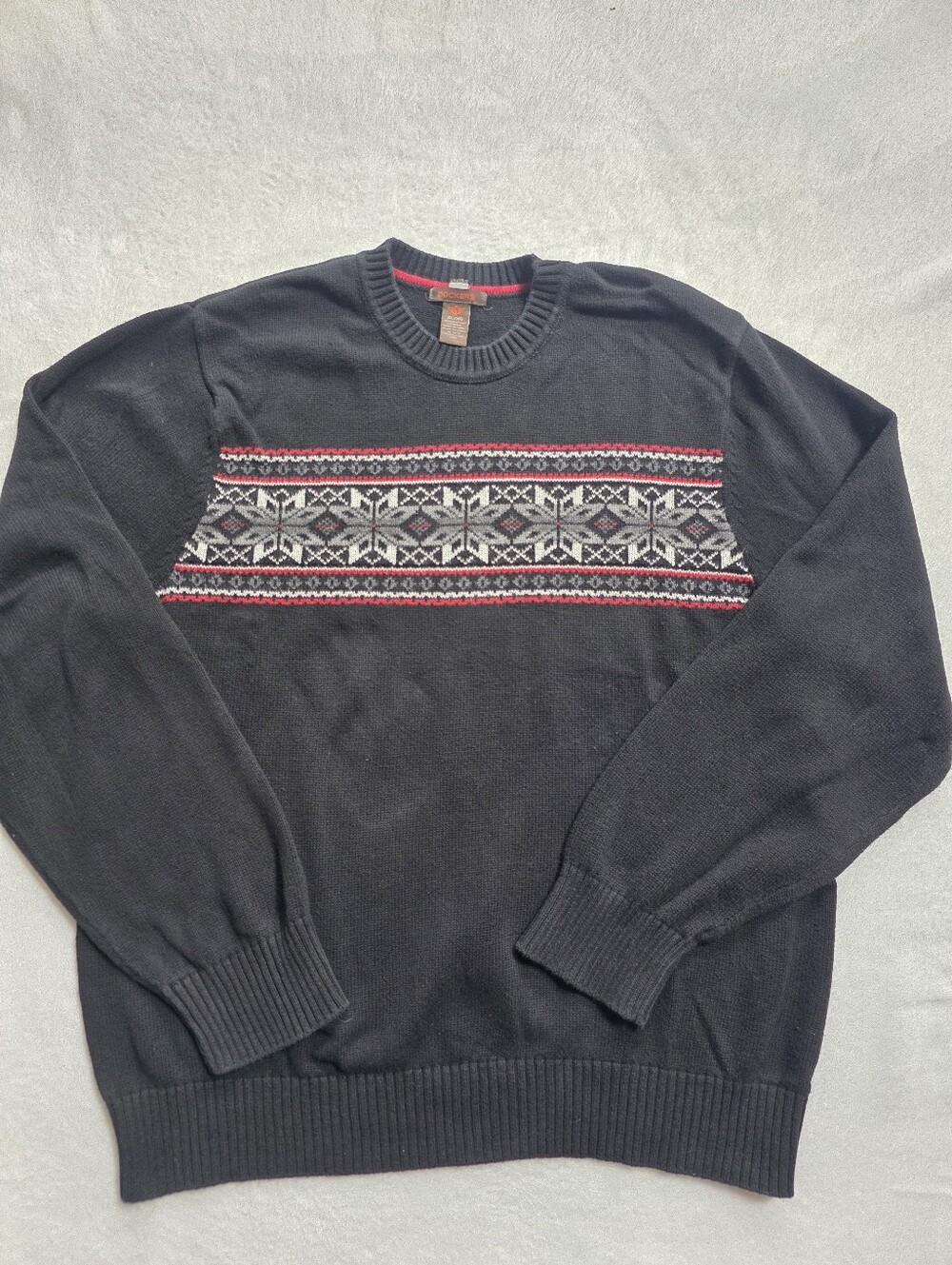 Dockers Men's XL Fair Isle Nordic Sweater Black Red Gray 100% Cotton